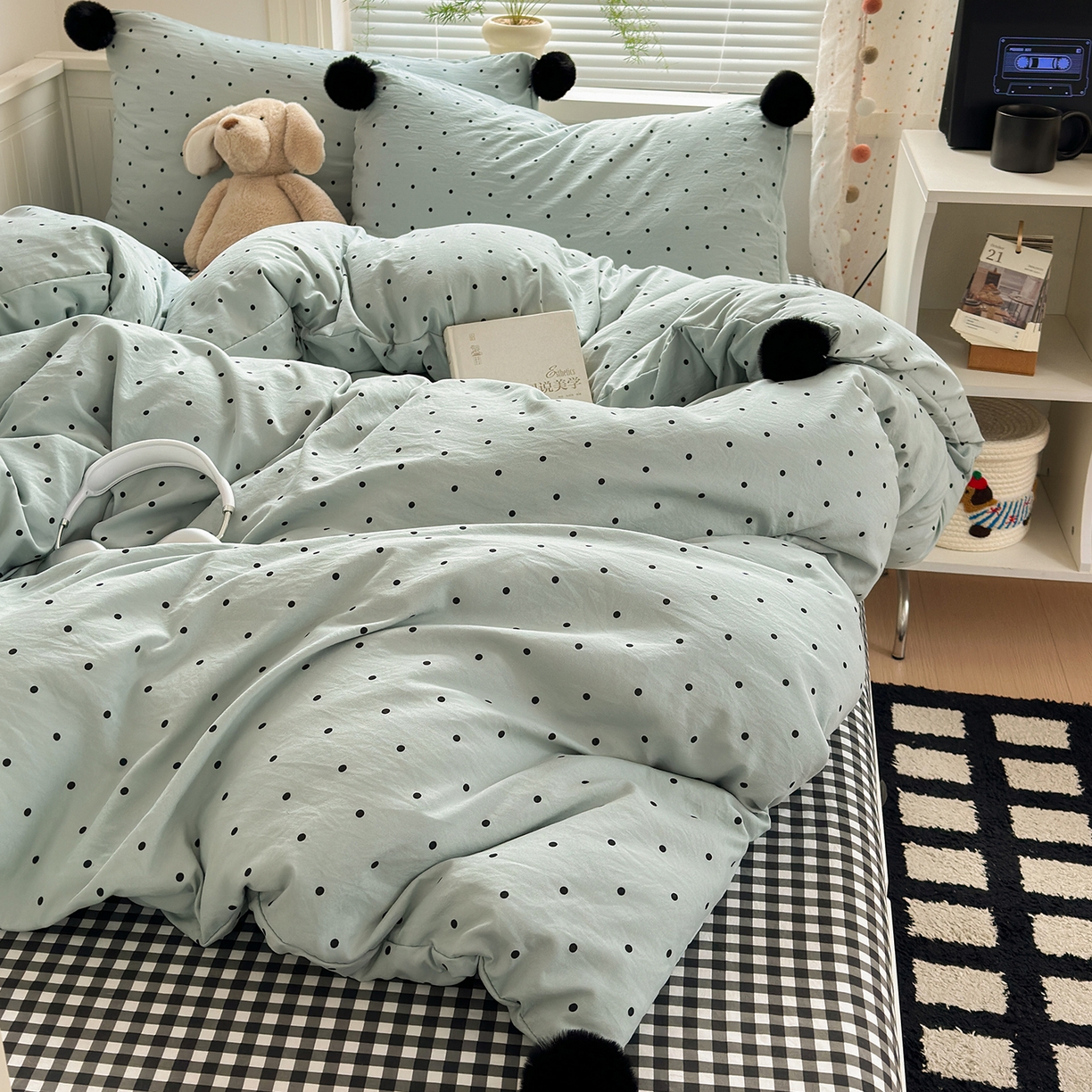 91家纺网 家纺一手货源 找家纺 暖芯优选 2026新款混搭圆点啵啵毛球款四件套学生三件套-小红书推荐 圆点啵啵-水绿