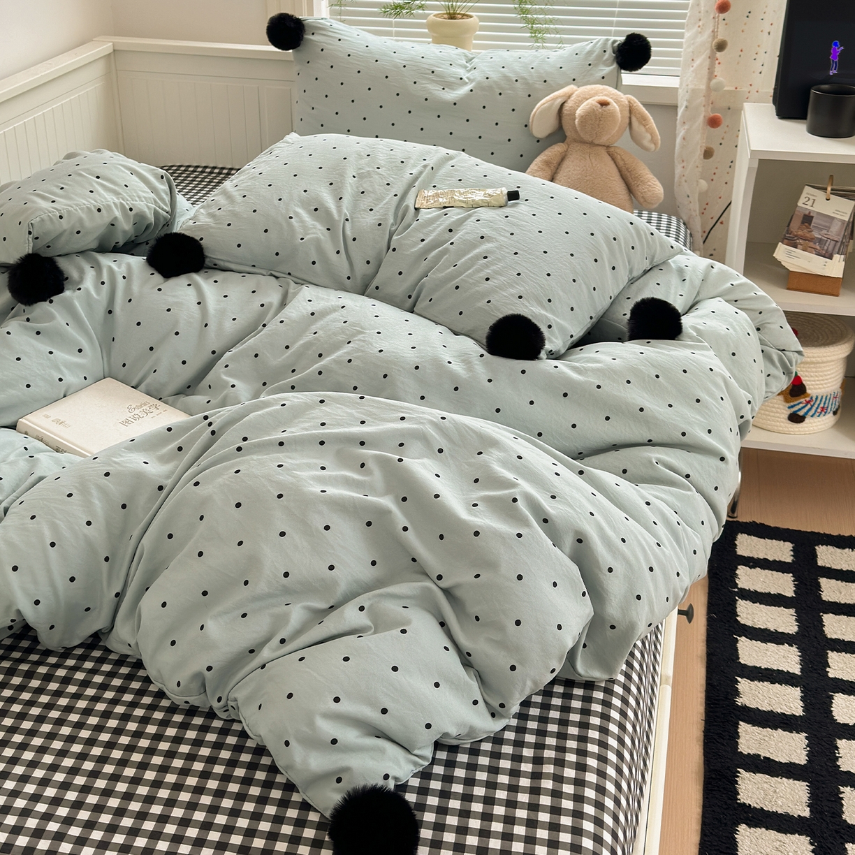 91家纺网 家纺一手货源 找家纺 暖芯优选 2026新款混搭圆点啵啵毛球款四件套学生三件套-小红书推荐 圆点啵啵-水绿