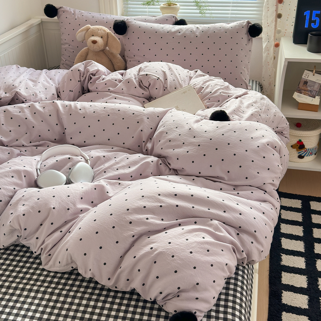 91家纺网 家纺一手货源 找家纺 暖芯优选 2026新款混搭圆点啵啵毛球款四件套学生三件套-小红书推荐 圆点啵啵-淡紫