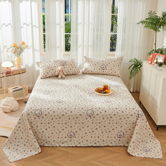 91家纺网 家纺一手货源 找家纺 爱彼家纺 2026新款原棉老粗布烫画老粗布印花系列单床单凉席席子三件套 白朵花园