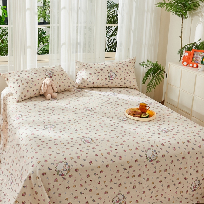 91家纺网 家纺一手货源 找家纺 爱彼家纺 2026新款原棉老粗布烫画老粗布印花系列单床单凉席席子三件套 白朵花园