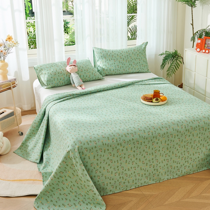 91家纺网 家纺一手货源 找家纺 爱彼家纺 2026新款原棉老粗布烫画老粗布印花系列单床单凉席席子三件套 春满园