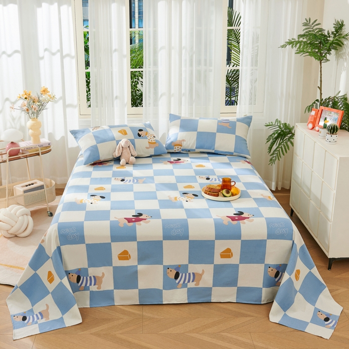 91家纺网 家纺一手货源 找家纺 爱彼家纺 2026新款原棉老粗布烫画老粗布印花系列单床单凉席席子三件套 腊肠狗-蓝