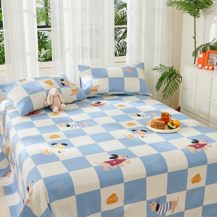 91家纺网 家纺一手货源 找家纺 爱彼家纺 2026新款原棉老粗布烫画老粗布印花系列单床单凉席席子三件套 腊肠狗-蓝