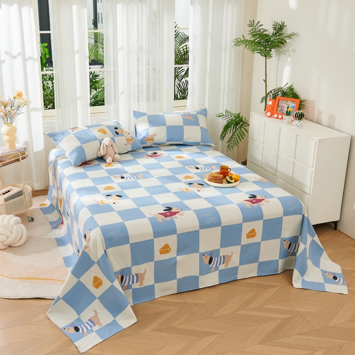 91家纺网 家纺一手货源 找家纺 爱彼家纺 2026新款原棉老粗布烫画老粗布印花系列单床单凉席席子三件套 腊肠狗-蓝