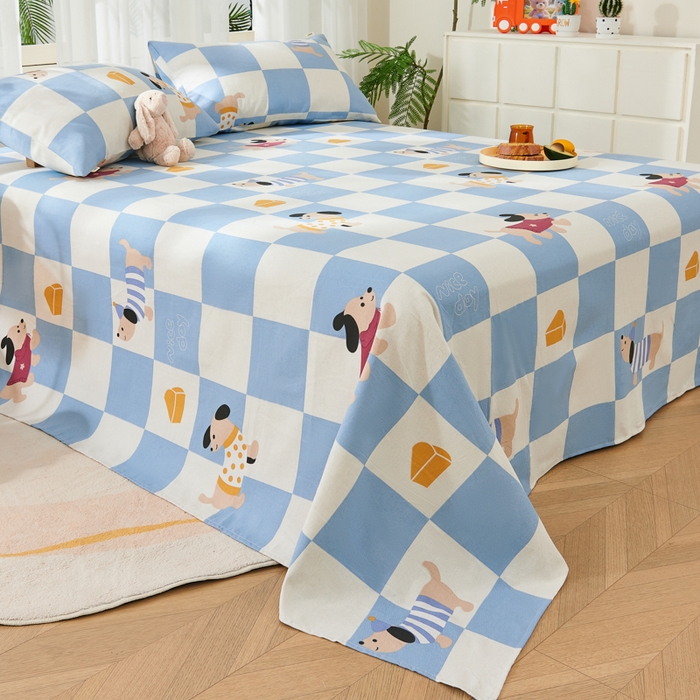 91家纺网 家纺一手货源 找家纺 爱彼家纺 2026新款原棉老粗布烫画老粗布印花系列单床单凉席席子三件套 腊肠狗-蓝