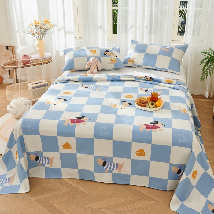 91家纺网 家纺一手货源 找家纺 爱彼家纺 2026新款原棉老粗布烫画老粗布印花系列单床单凉席席子三件套 腊肠狗-蓝