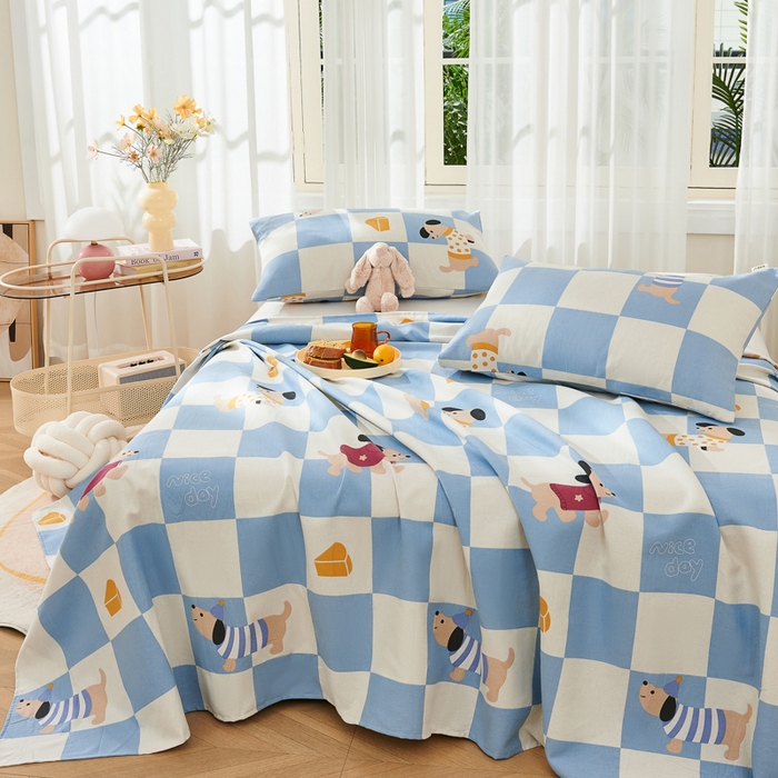 91家纺网 家纺一手货源 找家纺 爱彼家纺 2026新款原棉老粗布烫画老粗布印花系列单床单凉席席子三件套 腊肠狗-蓝