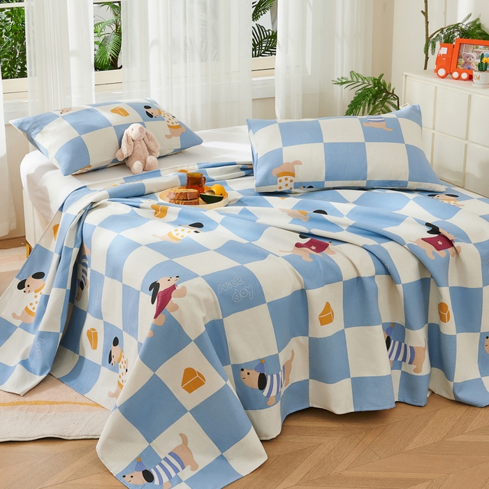 91家纺网 家纺一手货源 找家纺 爱彼家纺 2026新款原棉老粗布烫画老粗布印花系列单床单凉席席子三件套 腊肠狗-蓝