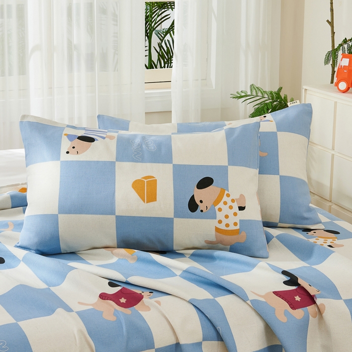 91家纺网 家纺一手货源 找家纺 爱彼家纺 2026新款原棉老粗布烫画老粗布印花系列单床单凉席席子三件套 腊肠狗-蓝
