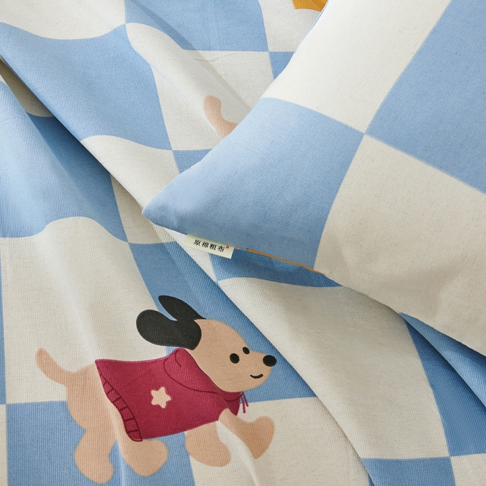 91家纺网 家纺一手货源 找家纺 爱彼家纺 2026新款原棉老粗布烫画老粗布印花系列单床单凉席席子三件套 腊肠狗-蓝