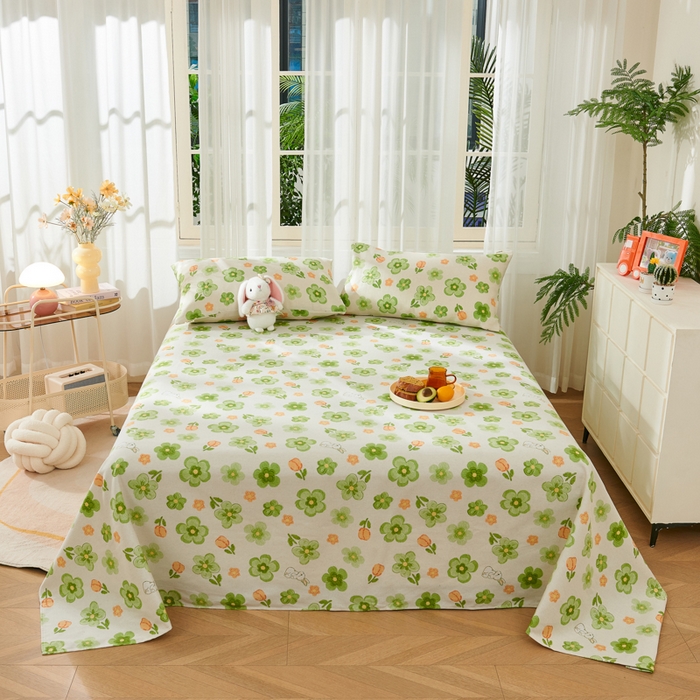 91家纺网 家纺一手货源 找家纺 爱彼家纺 2026新款原棉老粗布烫画老粗布印花系列单床单凉席席子三件套 绿朵花香