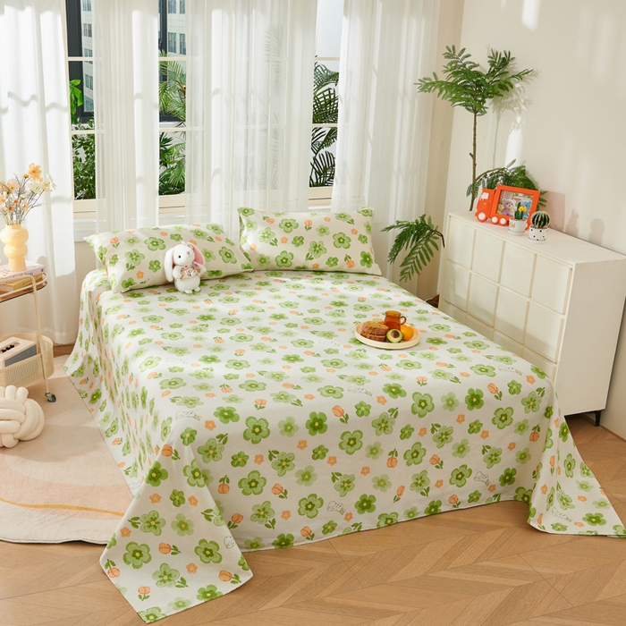 91家纺网 家纺一手货源 找家纺 爱彼家纺 2026新款原棉老粗布烫画老粗布印花系列单床单凉席席子三件套 绿朵花香