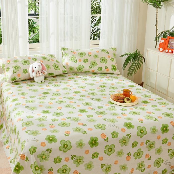 91家纺网 家纺一手货源 找家纺 爱彼家纺 2026新款原棉老粗布烫画老粗布印花系列单床单凉席席子三件套 绿朵花香