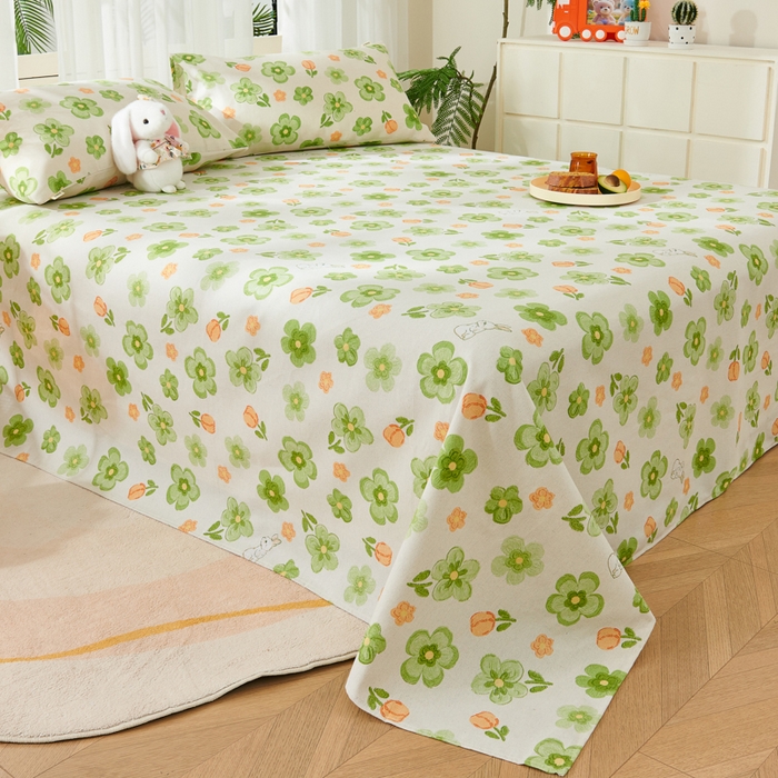 91家纺网 家纺一手货源 找家纺 爱彼家纺 2026新款原棉老粗布烫画老粗布印花系列单床单凉席席子三件套 绿朵花香