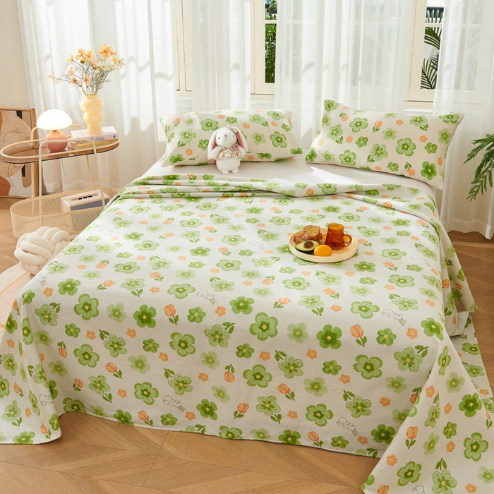 91家纺网 家纺一手货源 找家纺 爱彼家纺 2026新款原棉老粗布烫画老粗布印花系列单床单凉席席子三件套 绿朵花香