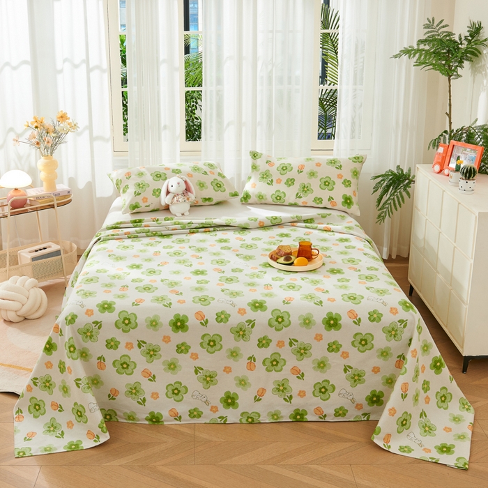 91家纺网 家纺一手货源 找家纺 爱彼家纺 2026新款原棉老粗布烫画老粗布印花系列单床单凉席席子三件套 绿朵花香