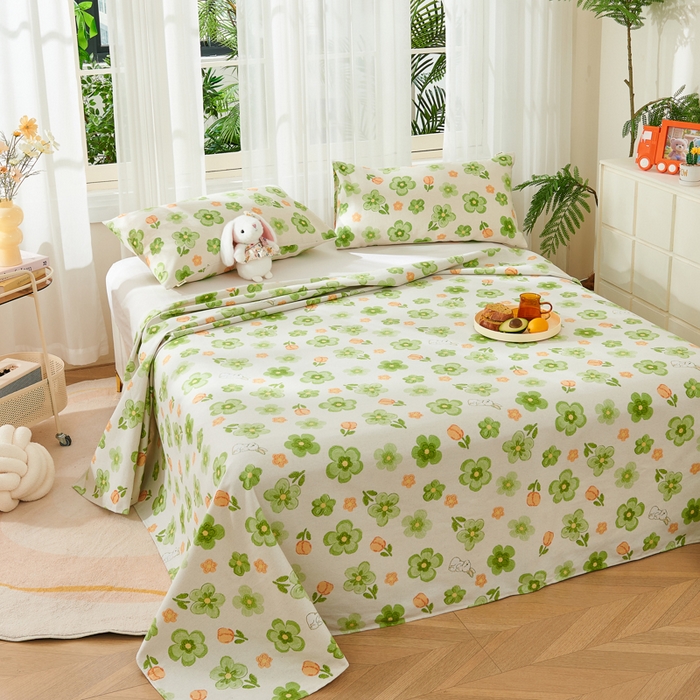 91家纺网 家纺一手货源 找家纺 爱彼家纺 2026新款原棉老粗布烫画老粗布印花系列单床单凉席席子三件套 绿朵花香