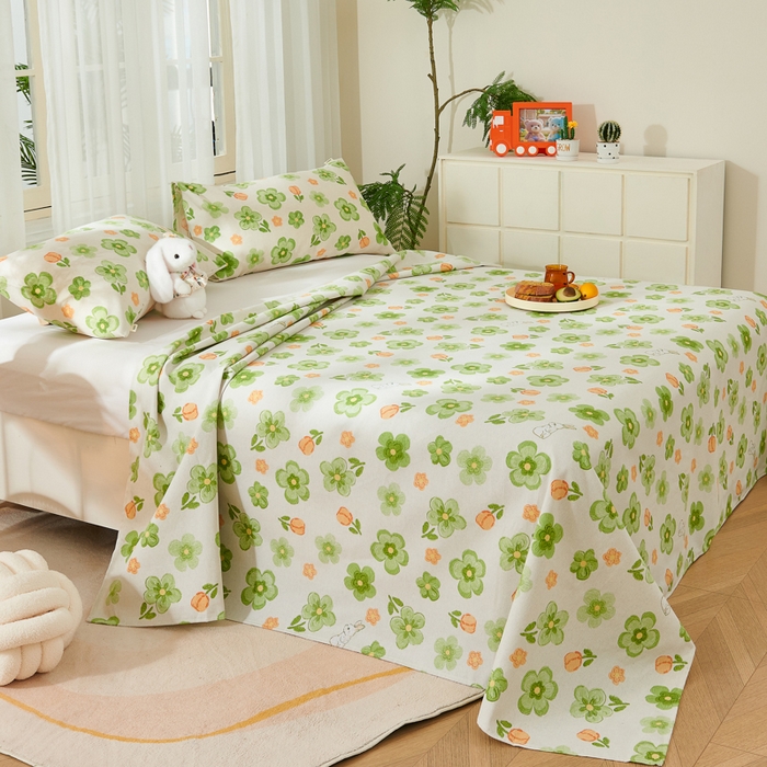 91家纺网 家纺一手货源 找家纺 爱彼家纺 2026新款原棉老粗布烫画老粗布印花系列单床单凉席席子三件套 绿朵花香