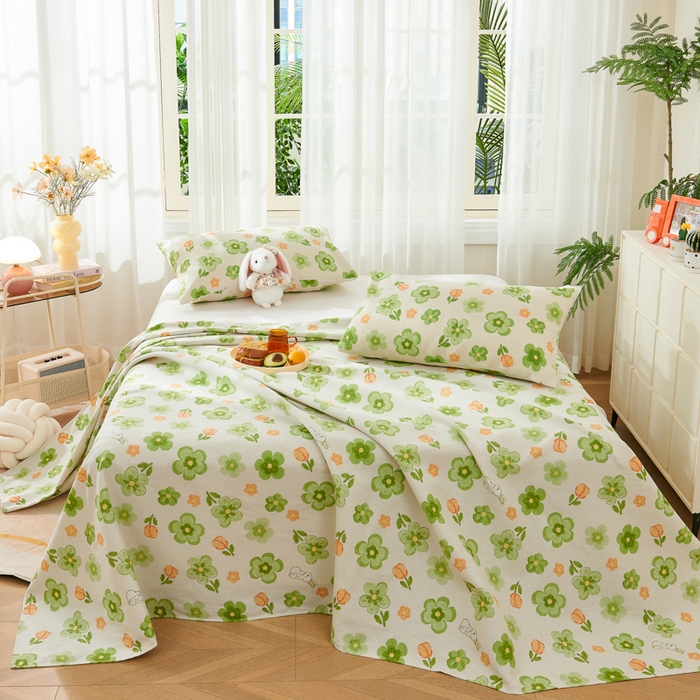 91家纺网 家纺一手货源 找家纺 爱彼家纺 2026新款原棉老粗布烫画老粗布印花系列单床单凉席席子三件套 绿朵花香