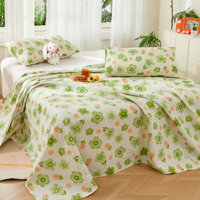 91家纺网 家纺一手货源 找家纺 爱彼家纺 2026新款原棉老粗布烫画老粗布印花系列单床单凉席席子三件套 绿朵花香