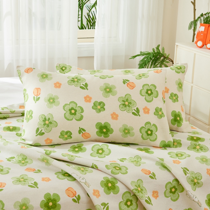 91家纺网 家纺一手货源 找家纺 爱彼家纺 2026新款原棉老粗布烫画老粗布印花系列单床单凉席席子三件套 绿朵花香