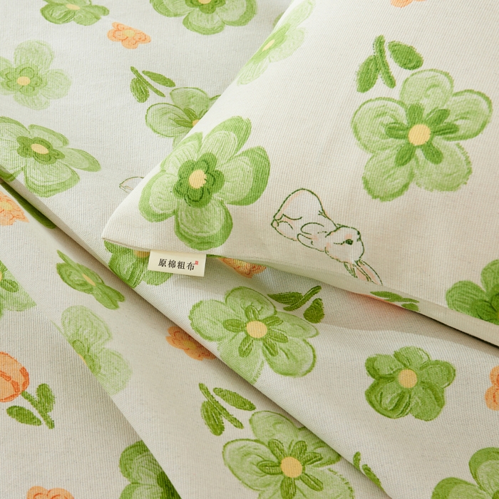 91家纺网 家纺一手货源 找家纺 爱彼家纺 2026新款原棉老粗布烫画老粗布印花系列单床单凉席席子三件套 绿朵花香