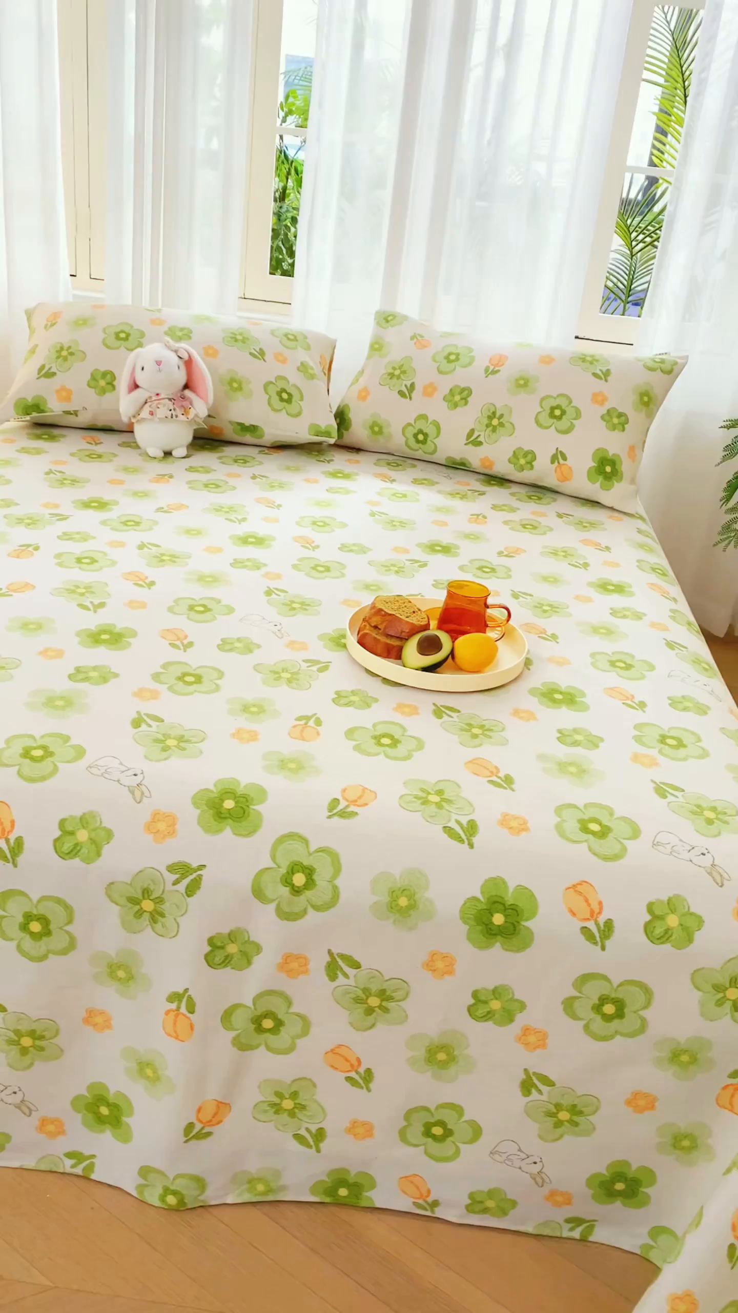 91家纺网 家纺一手货源 找家纺 爱彼家纺 2026新款原棉老粗布烫画老粗布印花系列单床单凉席席子三件套 绿朵花香