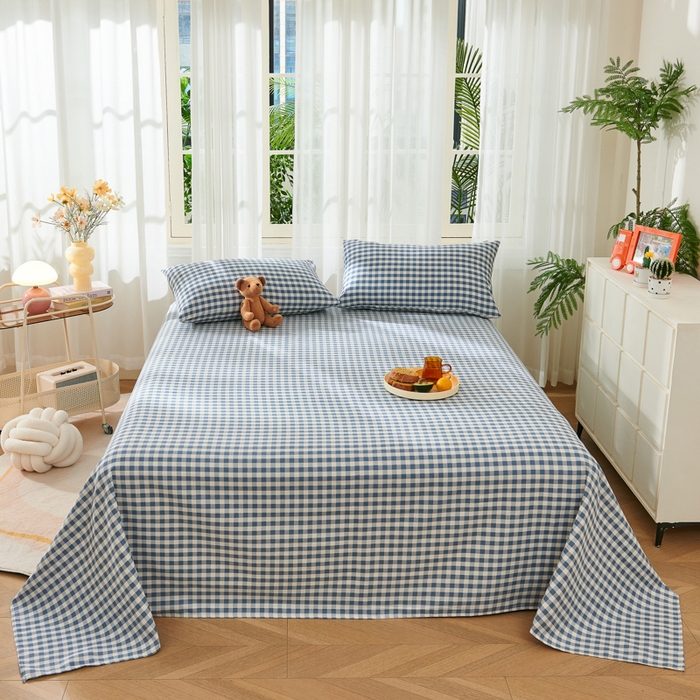 91家纺网 家纺一手货源 找家纺 爱彼家纺 2026新款原棉老粗布烫画老粗布印花系列单床单凉席席子三件套 暖阳-天蓝格