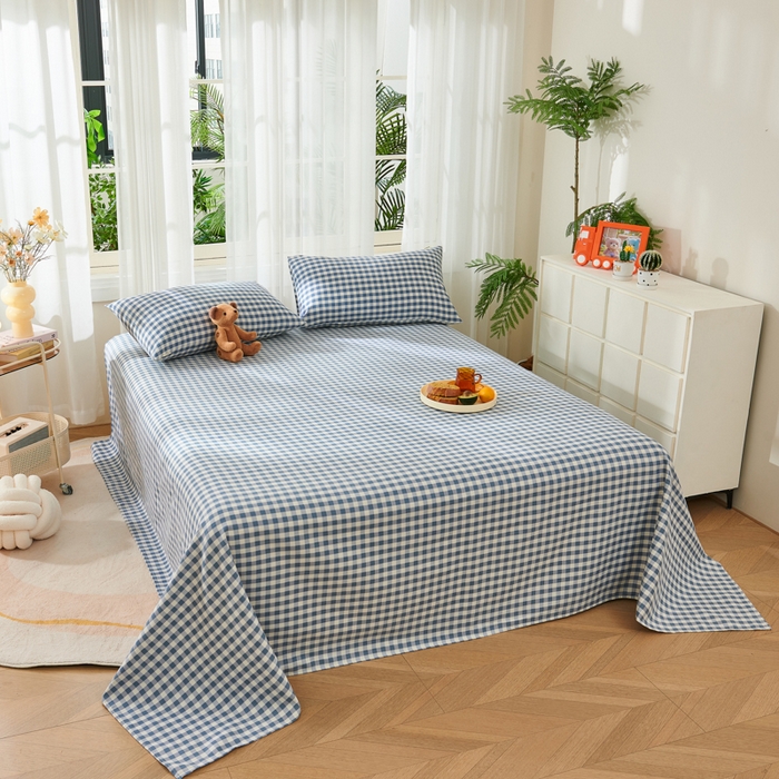 91家纺网 家纺一手货源 找家纺 爱彼家纺 2026新款原棉老粗布烫画老粗布印花系列单床单凉席席子三件套 暖阳-天蓝格