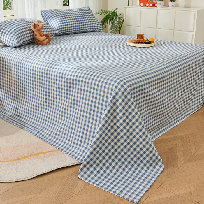 91家纺网 家纺一手货源 找家纺 爱彼家纺 2026新款原棉老粗布烫画老粗布印花系列单床单凉席席子三件套 暖阳-天蓝格