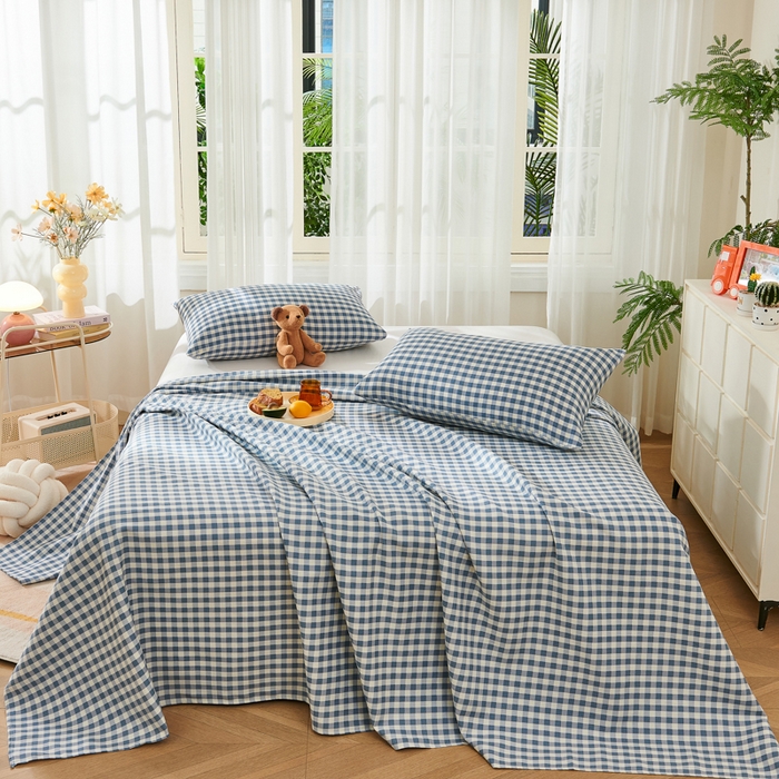 91家纺网 家纺一手货源 找家纺 爱彼家纺 2026新款原棉老粗布烫画老粗布印花系列单床单凉席席子三件套 暖阳-天蓝格