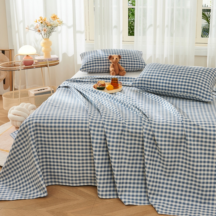 91家纺网 家纺一手货源 找家纺 爱彼家纺 2026新款原棉老粗布烫画老粗布印花系列单床单凉席席子三件套 暖阳-天蓝格