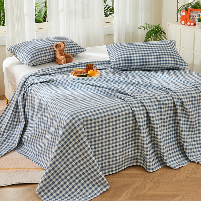 91家纺网 家纺一手货源 找家纺 爱彼家纺 2026新款原棉老粗布烫画老粗布印花系列单床单凉席席子三件套 暖阳-天蓝格