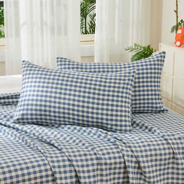 91家纺网 家纺一手货源 找家纺 爱彼家纺 2026新款原棉老粗布烫画老粗布印花系列单床单凉席席子三件套 暖阳-天蓝格