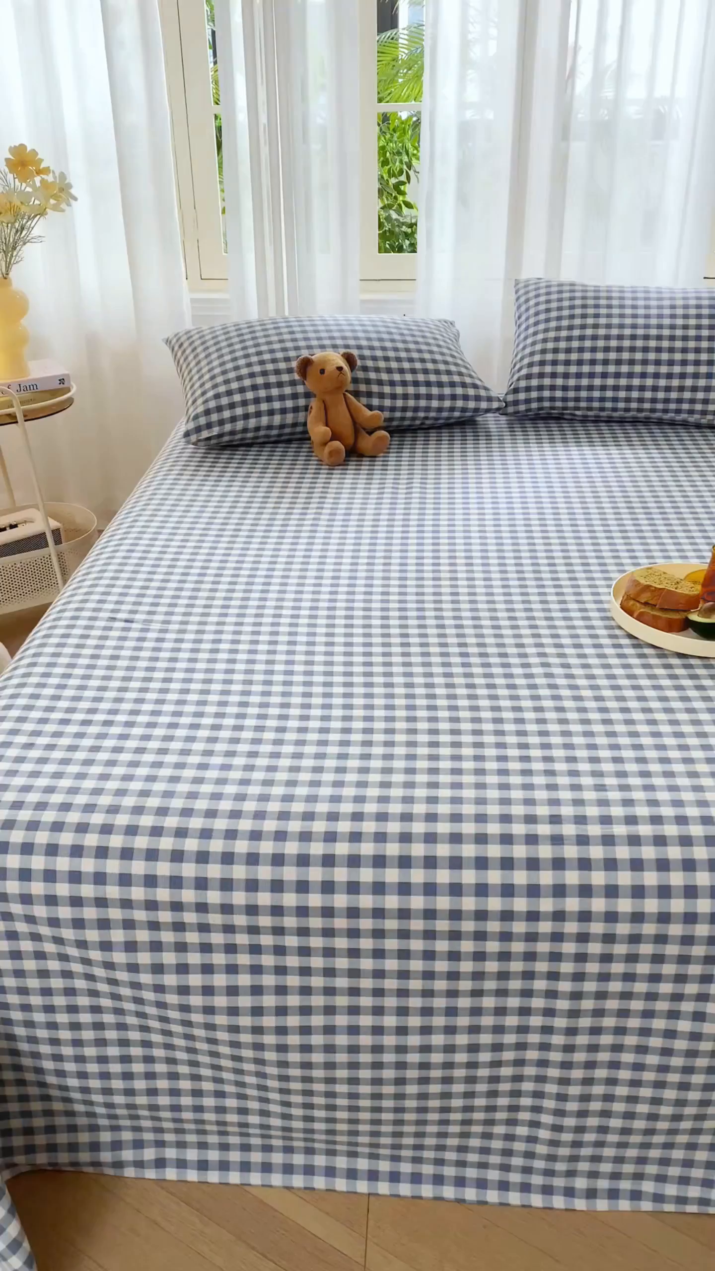 91家纺网 家纺一手货源 找家纺 爱彼家纺 2026新款原棉老粗布烫画老粗布印花系列单床单凉席席子三件套 暖阳-天蓝格