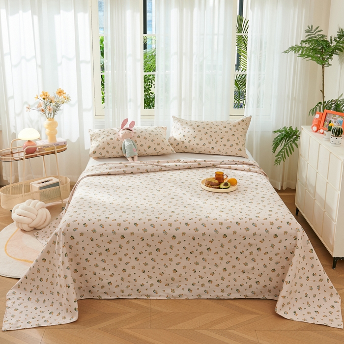 91家纺网 家纺一手货源 找家纺 爱彼家纺 2026新款原棉老粗布烫画老粗布印花系列单床单凉席席子三件套 清新碎花