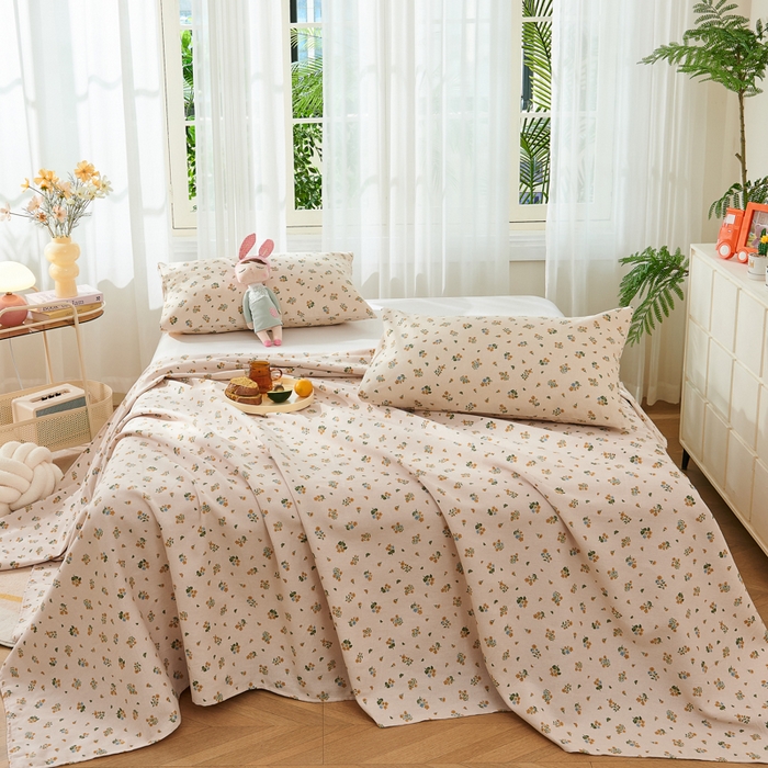 91家纺网 家纺一手货源 找家纺 爱彼家纺 2026新款原棉老粗布烫画老粗布印花系列单床单凉席席子三件套 清新碎花