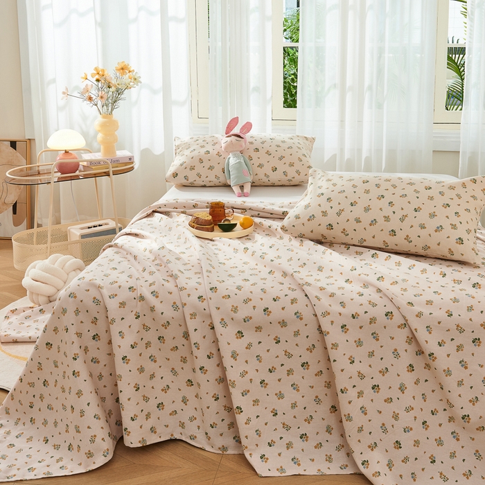 91家纺网 家纺一手货源 找家纺 爱彼家纺 2026新款原棉老粗布烫画老粗布印花系列单床单凉席席子三件套 清新碎花