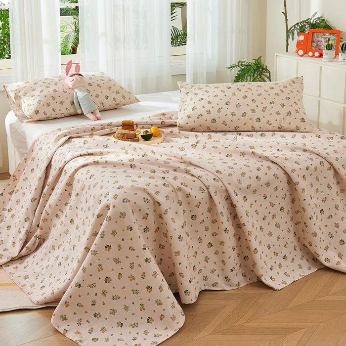 91家纺网 家纺一手货源 找家纺 爱彼家纺 2026新款原棉老粗布烫画老粗布印花系列单床单凉席席子三件套 清新碎花