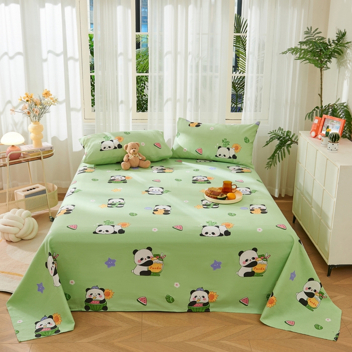 91家纺网 家纺一手货源 找家纺 爱彼家纺 2026新款原棉老粗布烫画老粗布印花系列单床单凉席席子三件套 熊猫乐园