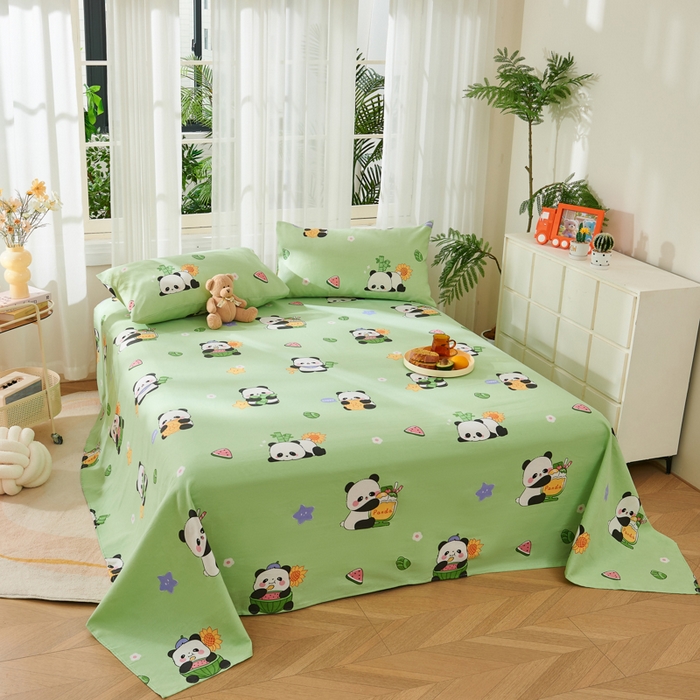 91家纺网 家纺一手货源 找家纺 爱彼家纺 2026新款原棉老粗布烫画老粗布印花系列单床单凉席席子三件套 熊猫乐园