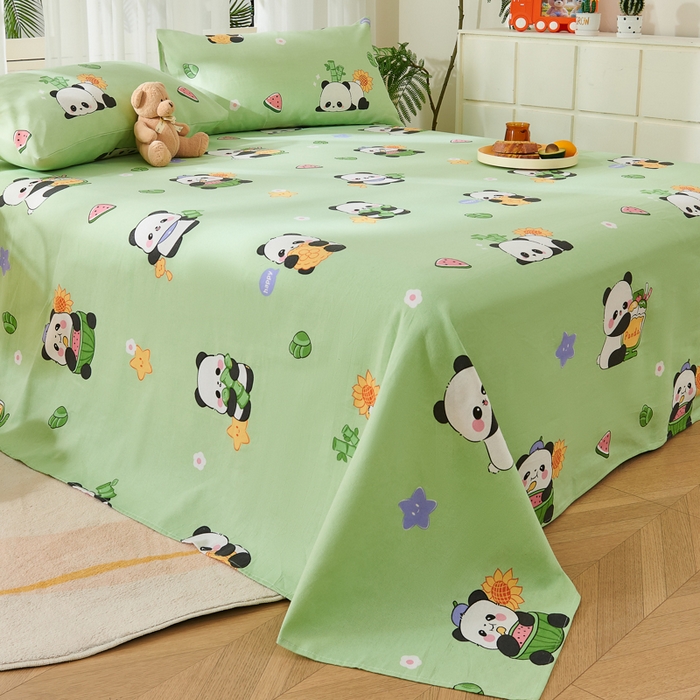 91家纺网 家纺一手货源 找家纺 爱彼家纺 2026新款原棉老粗布烫画老粗布印花系列单床单凉席席子三件套 熊猫乐园