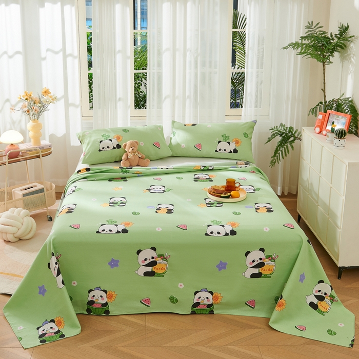 91家纺网 家纺一手货源 找家纺 爱彼家纺 2026新款原棉老粗布烫画老粗布印花系列单床单凉席席子三件套 熊猫乐园