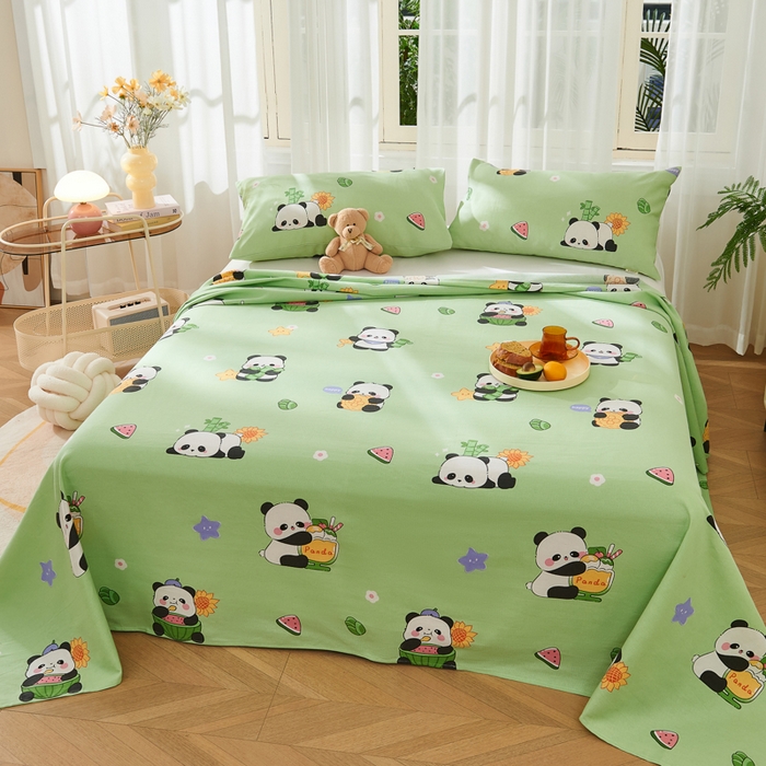 91家纺网 家纺一手货源 找家纺 爱彼家纺 2026新款原棉老粗布烫画老粗布印花系列单床单凉席席子三件套 熊猫乐园