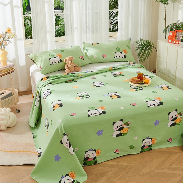 91家纺网 家纺一手货源 找家纺 爱彼家纺 2026新款原棉老粗布烫画老粗布印花系列单床单凉席席子三件套 熊猫乐园