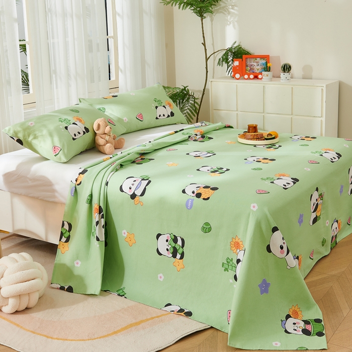 91家纺网 家纺一手货源 找家纺 爱彼家纺 2026新款原棉老粗布烫画老粗布印花系列单床单凉席席子三件套 熊猫乐园