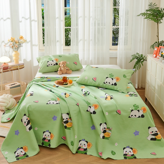 91家纺网 家纺一手货源 找家纺 爱彼家纺 2026新款原棉老粗布烫画老粗布印花系列单床单凉席席子三件套 熊猫乐园