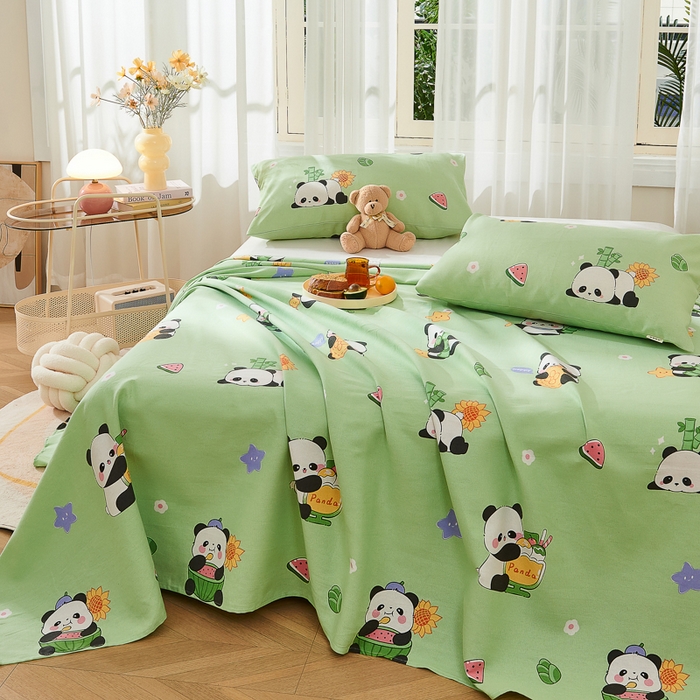 91家纺网 家纺一手货源 找家纺 爱彼家纺 2026新款原棉老粗布烫画老粗布印花系列单床单凉席席子三件套 熊猫乐园