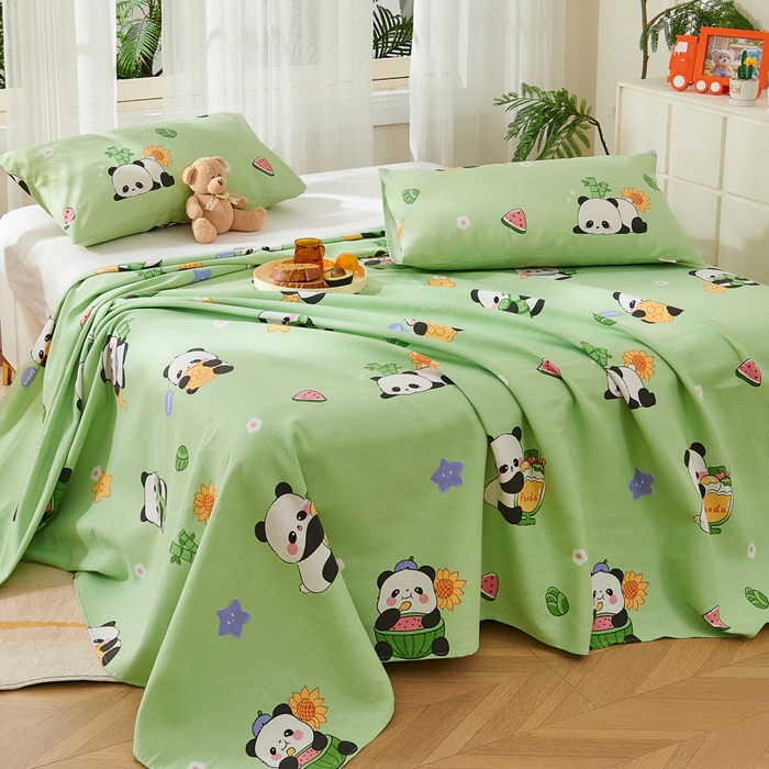 91家纺网 家纺一手货源 找家纺 爱彼家纺 2026新款原棉老粗布烫画老粗布印花系列单床单凉席席子三件套 熊猫乐园